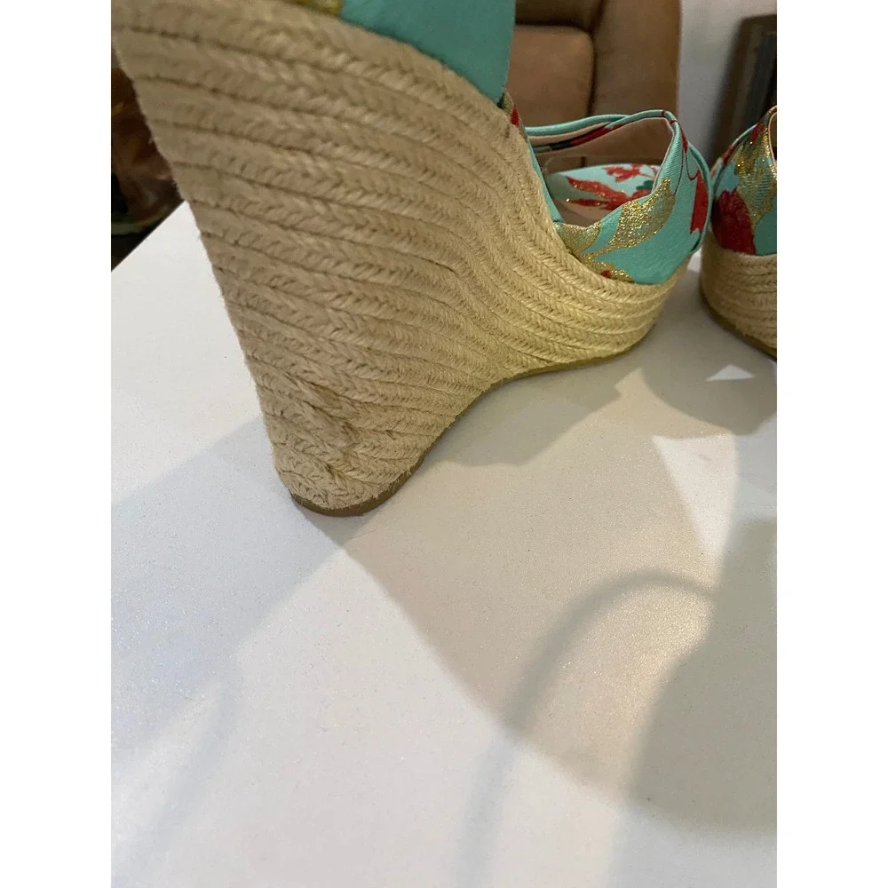 Chinese Laundry Aqua‎ Blue Floral Brocade Espadrille Wedge Sandals Womens 9.5M